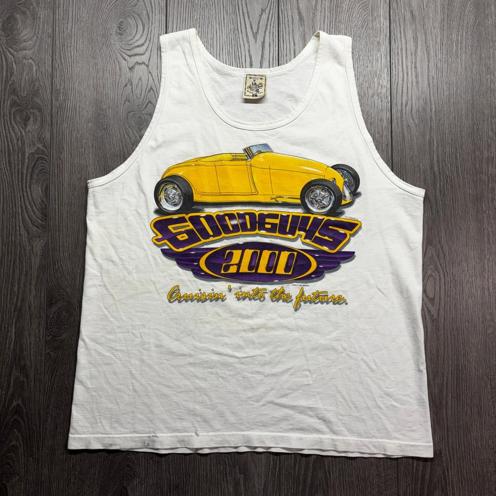 Vintage Goodguys 2000 Hot Rod Mens Large Car Graphic Tank Top White Alore USA